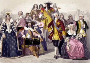 1610 tot 1774. Marie de Medici, Lodewijk XIII, Lodewijk XV, Marie Antoinette en Lodewijk XVI. Gravure van de 19e eeuw