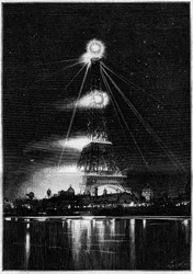 Wereldtentoonstelling van 1889: de Eiffeltoren verlicht door Bengaals vuur op de avond van de opening van de tentoonstelling, 6 mei
