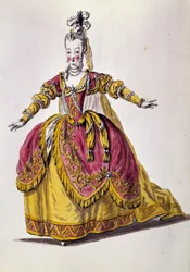 18e eeuws theaterkostuum, gravure van de 19e eeuw