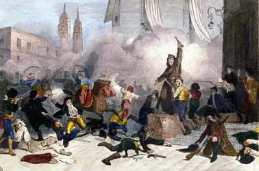 2/05/1808: Opstand in Madrid tegen de Franse overname van Spanje. Gravure uit de 19e eeuw