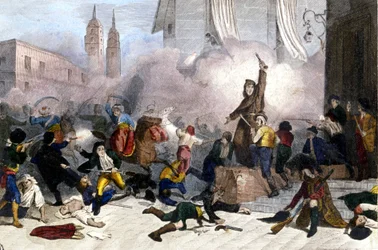 2/05/1808: Opstand in Madrid tegen de Franse overname van Spanje. Lithografie rond 1830.