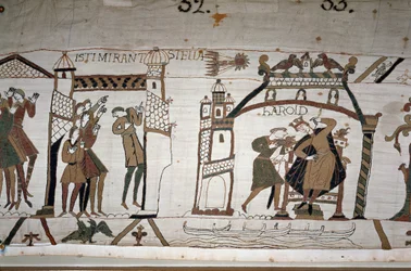 32: De verschijning van de komeet; 33: Een boodschapper waarschuwt koning Harold II (1022 - 1066) - Tapijt van Bayeux, bekend als Borduurwerk van Koningin Mathilde
