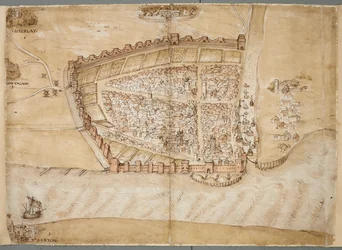 Een 16e-eeuwse weergave van de stad Hull. Deze kaart toont de stad Hull, gelegen waar de rivier de Hull uitmondt in de Humber-estuarium. Het is een van een reeks plannen die werden getekend om de staat van de kustverdediging in de late 1530s te tonen