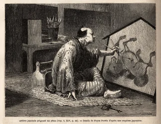 Een Japanse kunstenaar schildert een yema (legendarisch paardenschilderij). Gravure ter illustratie van de reis naar Japan, in 1863-1864, door Aime Humbert, minister van de Zwitserse Confederatie, in Le tour du monde, nouveau journal des voyages