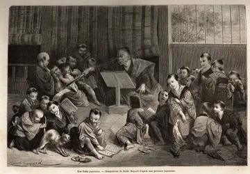 Een Japanse school, voor de instructie van jonge jongens, hurkend rond hun leraar, leren ze door recitatie-oefeningen de elementen van het alfabet en de grammatica. Gravure ter illustratie van de reis naar Japan in 1863-1864, door Aimé Humbert, minister va