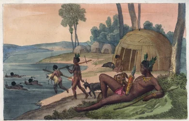 Een Korah Hottentot dorp aan de linkeroever van de Oranjerivier - gravure uit 