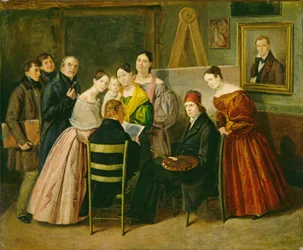 Een schilder en bezoekers in een atelier, ca. 1835 (olieverf op papier op doek)