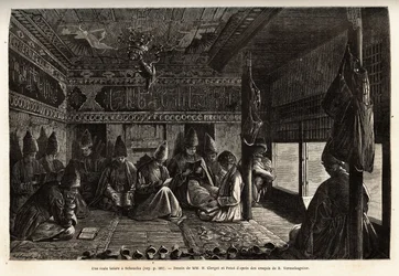 Een Tataarse school in Schusha (Transkaukasië, Rusland), onderwijs wordt gegeven aan jongens door de mullah, en bestaat uitsluitend uit lezen en schrijven, evenals commentaar op de verzen van de Koran. Gravure ter illustratie van de reis in de provincies v