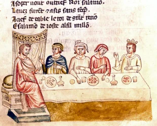 Een banketscène: een koning en zijn gasten - Miniatuur uit het codex “The Entrree of Spain” (Ms.Franc.21) 14e eeuw. Biblioteca Marciana, Venetië
