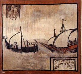 Een Barbarijse galei achtervolgt een boot van Napolitaanse vissers. Ex-voto uit de 17e eeuw. Madonna dell