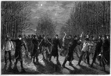 Een afranseling van criminelen in het Bois de Boulogne in Parijs in 1883