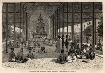 Een bonze wijdingsceremonie in een tempel in de buurt van Angkor, Cambodja. Gravure ter illustratie van de ontdekkingsreis in Indochina, door Francis Garnier, luitenant de Vaissseau, in 1866-1868, gepubliceerd in 