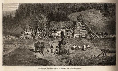 Een buron van Mont-Dore (Mont Dore), een gebouw gelegen in de bergweiden van centraal Frankrijk, dat seizoensgebonden opereert, gebruikt om kaas te maken van mei tot oktober en om koeien te huisvesten. Gravure ter illustratie van de reis naar de vulkanen v