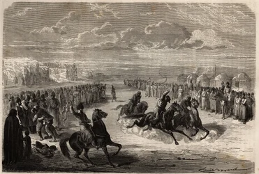 Een wedstrijd van worstelen met blote handen en een paardenrace onder de Turkmenen