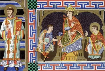 Een diaken, een nobele figuur, een koning en een bisschop die de mensen van de tiende eeuw illustreren; Illustratie van de negentiende eeuw uit 