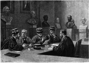 Een verdediging van deze uit de medische school van het Latijnse Kwartier in Parijs. Gravure in 