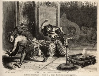 Een huiselijk exorcisme, ceremonie van de oni arahi, het hoofd van het huis gekleed in zijn mooiste kleren, zwaard aan de riem, loopt om middernacht door de kamers van zijn huis en gooit geroosterde bonen om demonen te verjagen en de god van rijkdom en zij