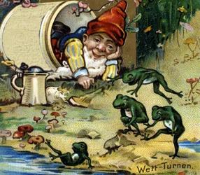 Een dwerg of farfadet speelt met kikkers. Chromolithografie uit de 19e eeuw