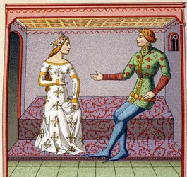 Een galante scène in de Middeleeuwen: een jonge man het hof maakt aan een prinses. Faux college naar een manuscript. 19e eeuw.