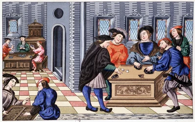 Een speelhuis in de Renaissance gebaseerd op een miniatuur over Vellum: spel vanaf nu. Chromolithografie 19e eeuw