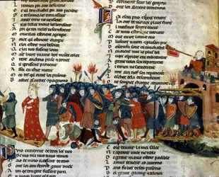 Een koning wordt gevangengenomen en meegenomen door het vijandelijke leger terwijl de slachtoffers van de slag op de grond liggen. Miniatuur van de “Roman de Troy” door Benoit de Saint Maure. 14e eeuw Biblioteca Marciana, Venetië