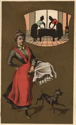 Een wasmachine die wasgoed in een mand draagt. Anonieme chromolithografie, eind 19e eeuw.