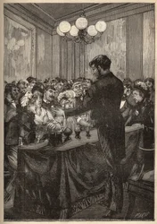 Een goochelaar die een nootmuskaatdoos gebruikt om een bal te laten verschijnen en verdwijnen. Gravure uit 1885 in “Les arts et métiers illustrés” door Adolphe BITARD