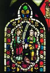 Een man die aan verlamming lijdt aanbidt Christus en wordt genezen (gebrandschilderd glas)