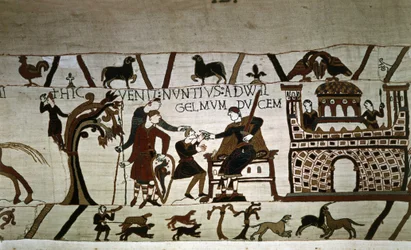 Een boodschapper naar Hertog Guillaume (1027 - 1087) - Tapijt van Bayeux, bekend als Borduurwerk van Koningin Mathilde