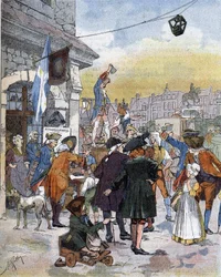 Een scène van rekrutering in de 18e eeuw, een illustratie van het einde van de 19e eeuw