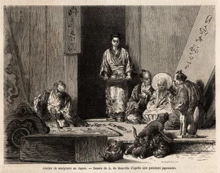 Een beeldhouwatelier in Yedo (of Edo, het huidige Tokio), graniet snoeien voor de vervaardiging van pilaren, beeldjes, kandelaars en grafstenen, evenals houtsnijwerk, voor de vervaardiging van altaarpanelen, decoratief houtsnijwerk, doodskisten en chimeris