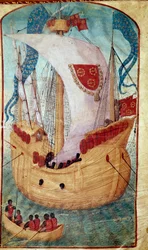 Een schip met zeil versierd met het wapen van Louis Malet (1441-1516), heer van Granville. Miniatuur van Olivier de la Marche (1425-1502) 1483 Chantilly, Musee Conde
