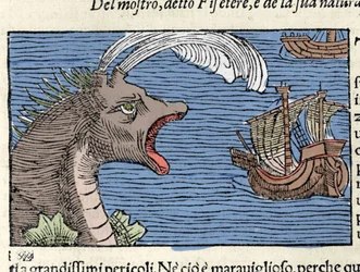 Een potvis (?) (physeter) valt een schip aan. Gravure door Olaus Magnus (1490 - 1557), Zweedse religieuze en geograaf, 