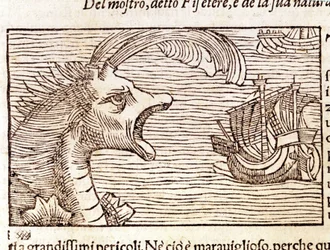 Een potvis (?) (physeter) valt een schip aan (gravure door Olaus Magnus, 