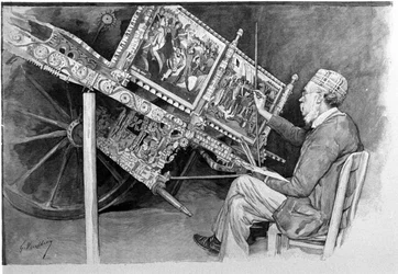 Een traditionele Siciliaanse tank schilder. 19e-eeuwse gravure