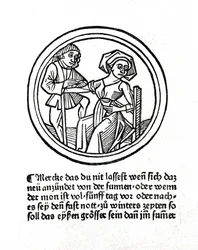 Het bloeden van een vrouw. Houtsnede in ""Buch de Surgery"" door Hyeronimus Braunschweig. Straatsburg 1497