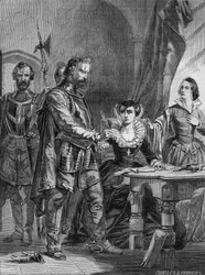 Abdicatie van Mary I Stuart (1542-1587), koningin van Schotland en Frankrijk (1559-1560). Gravure uit 1861.