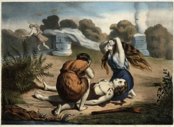 De dood van Abel. Abel offerde een van zijn schapen aan God. God verkoos dit offer boven het fruitoffer van zijn broer Kaïn. Kaïn vermoordt uit jaloezie zijn broer. Anonieme gravure uit het midden van de 19e eeuw.