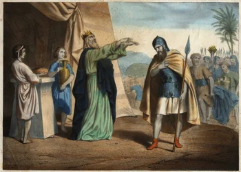 Abraham, overwinnaar van de vier koningen, ontving de zegen van Melchisedech (Melchisedec of Melchizedek of Melkisedeq of Melki-Tsedeq of Melki Tsedeq), koning van Salem. Anonieme gravure uit het midden van de 19e eeuw
