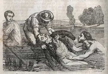 Ongevallen geneeskunde - over de meest effectieve hulp aan drenkelingen - om een drenkeling uit het water te halen, moet je dit zo handig mogelijk doen - gravure in 