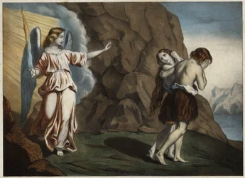 Adam en Eva verdreven uit het Paradijs. Anonieme gravure uit het midden van de 19e eeuw.