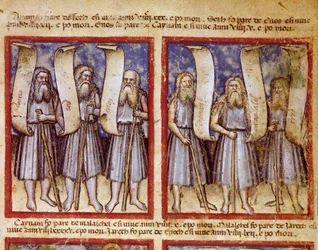 De genealogie van Adam wordt gevolgd door Seth, Enoch, Kenan, Mahalalel en Jared, de grote patriarchen van de Miniatuur Bijbel uit codex 212 (of Padovano of Bijbel van Padua) 1390-1400