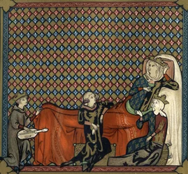 Adenet le Roi, dichter en minstreel, reciteert de roman van Cleomades voor Mathilde de Brabant en prinses Blanche van Castilië. Facsimile in chromolithografie van de 19e eeuw naar een miniatuur