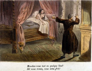 Overspel: een verraste monnik die zich probeert te verbergen en een naakte vrouw in bed. Lithografie, ongedateerd, begin 19e eeuw.