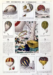 Aerostatische ongevallen. 19e-eeuwse geïllustreerde kaart.