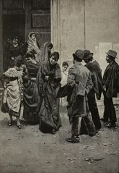Na de mis, schilderij van Arnaldo Ferraguti (1862-1925), gravure van Sabbatini uit L