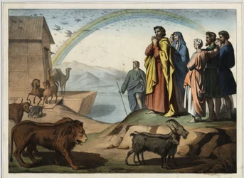 Na de zondvloed dalen de dieren af van de ark. Rechts: Noach, zijn vrouw, zijn drie zonen (Sem, Cham en Jafet) en hun vrouwen. Onderaan de regenboog (symbool van de orde van de schepping tussen Noach en God). Anonieme gravure uit het midden van de 19e eeuw