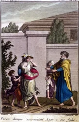 Agar en Ismaël werden verdreven door Abraham: Agar, die werd weggestuurd, ging met haar zoon, Ismaël, na de geboorte van Isaac. Gravure uit het begin van de 19e eeuw