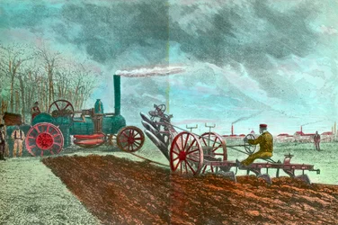 Landbouwarbeid en vooruitgang: stoomploegen. Gravure uit de 19e eeuw. Privécollectie