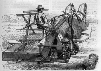 Landbouw en landbouwmachines: een nieuwe maaidorser getrokken door paarden die automatisch de schoven binden in de velden. Gravure in La Nature